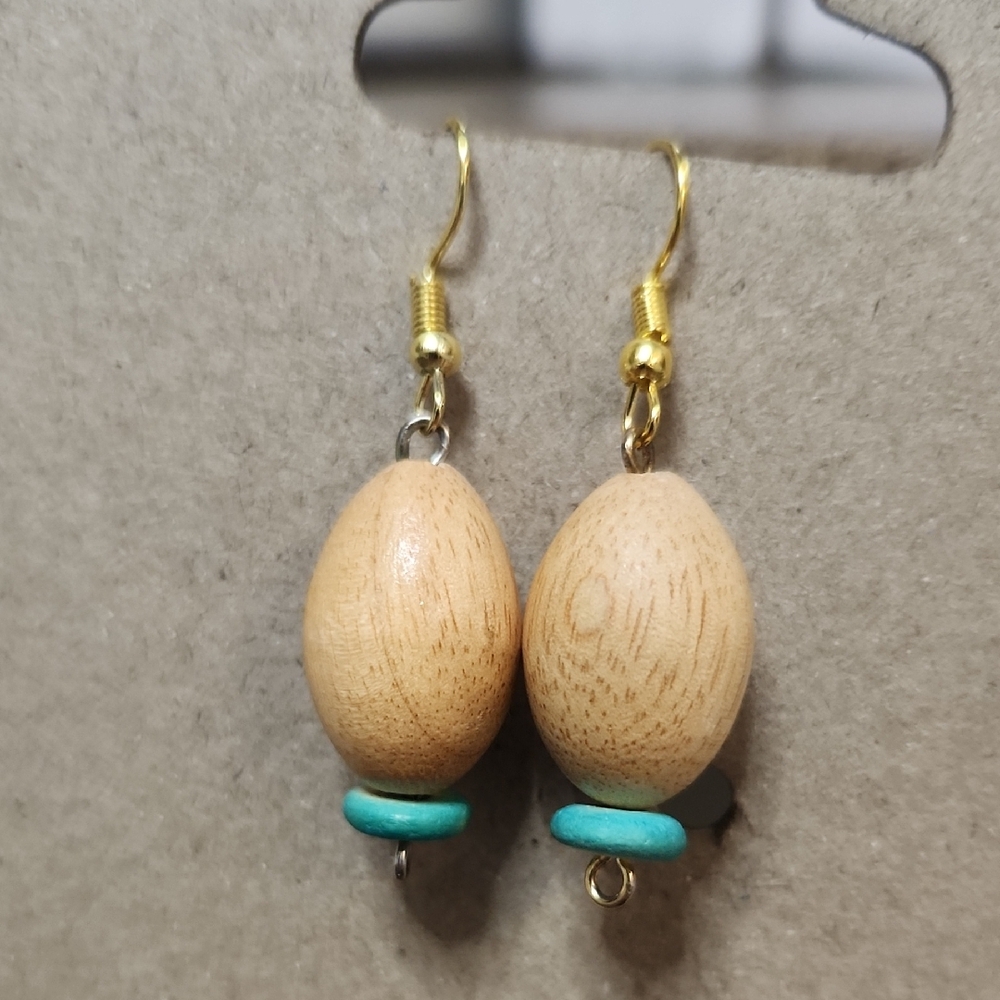Gold Tone Hook Tan Wooden Bead Earrings with Turquoise Accent Handmade Artisan